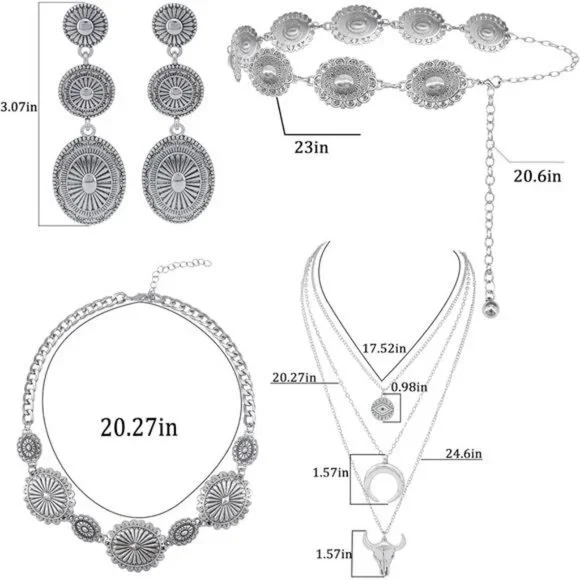 Sonya Western Concho Belt Cowgirl Necklace Dangle Earrings Jewelry set for Women - Picture 6 of 7